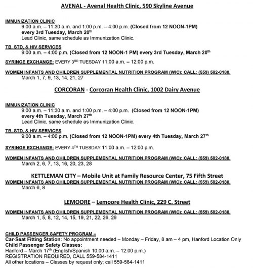 Kings County Health Department announces March Health Clinic schedules